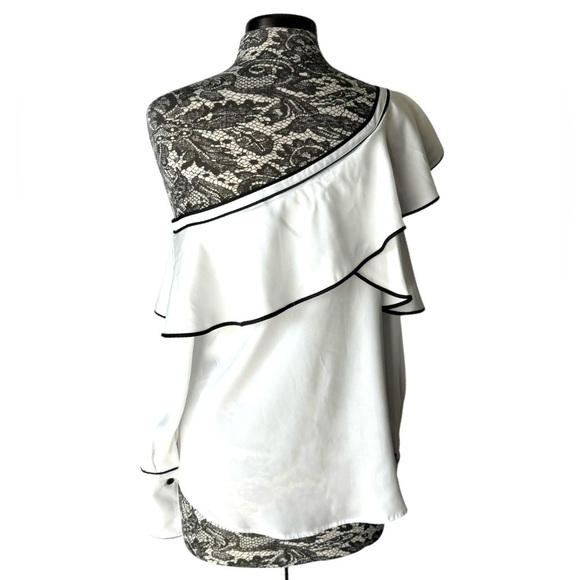 DKNY Ruffle Cut Out Off One Shoulder Top White Black Trim Medium - Picture 3 of 7